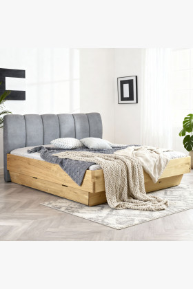 Massives Eichenholz Bett mit Stauraum und Stoffkopfteil